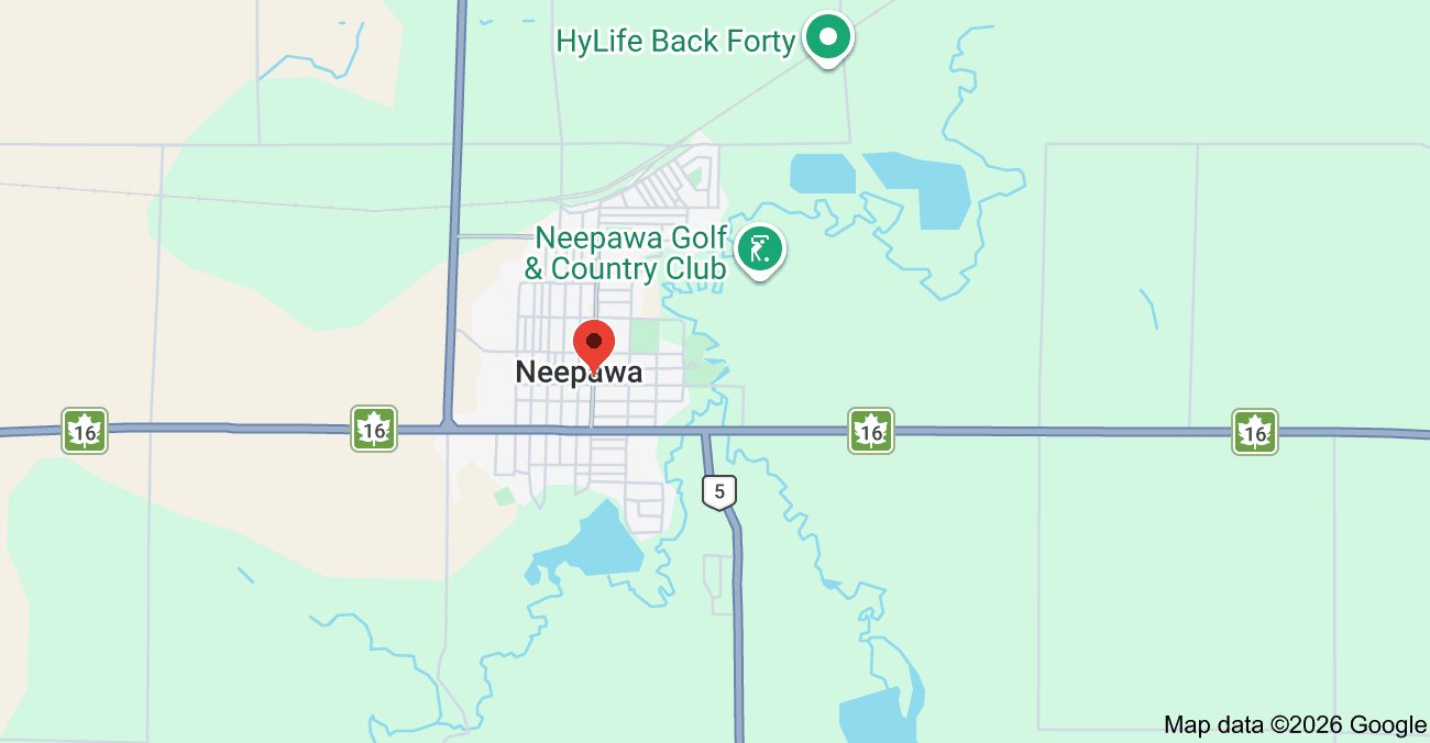 Static map showing Neepawa, Manitoba on Google Maps